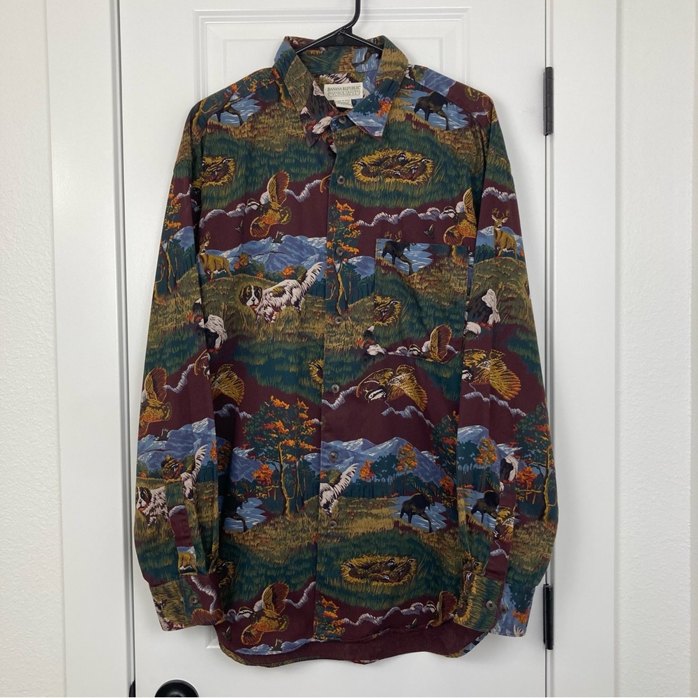 VTG 1980s Banana Republic Hunting Animal All Over Print Button Up Shirt‎ Large